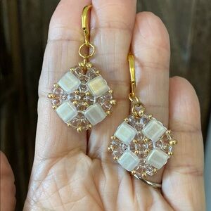 Elegant Gold and White Handmade Czech Glass Beaded Earrings